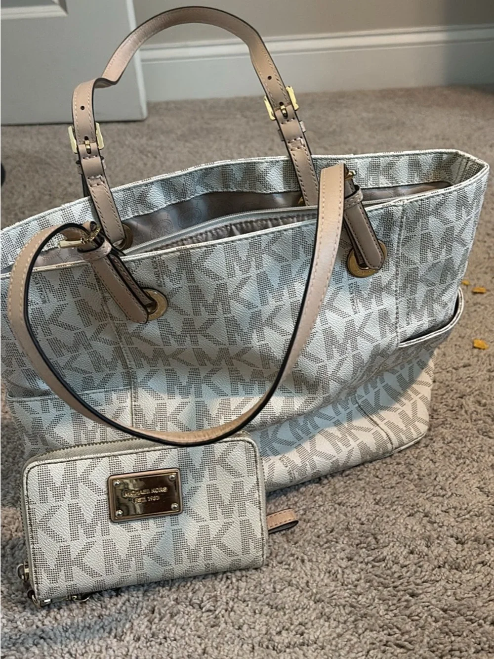 Michael Kors Beige Logo Tote with Tan Leather Straps